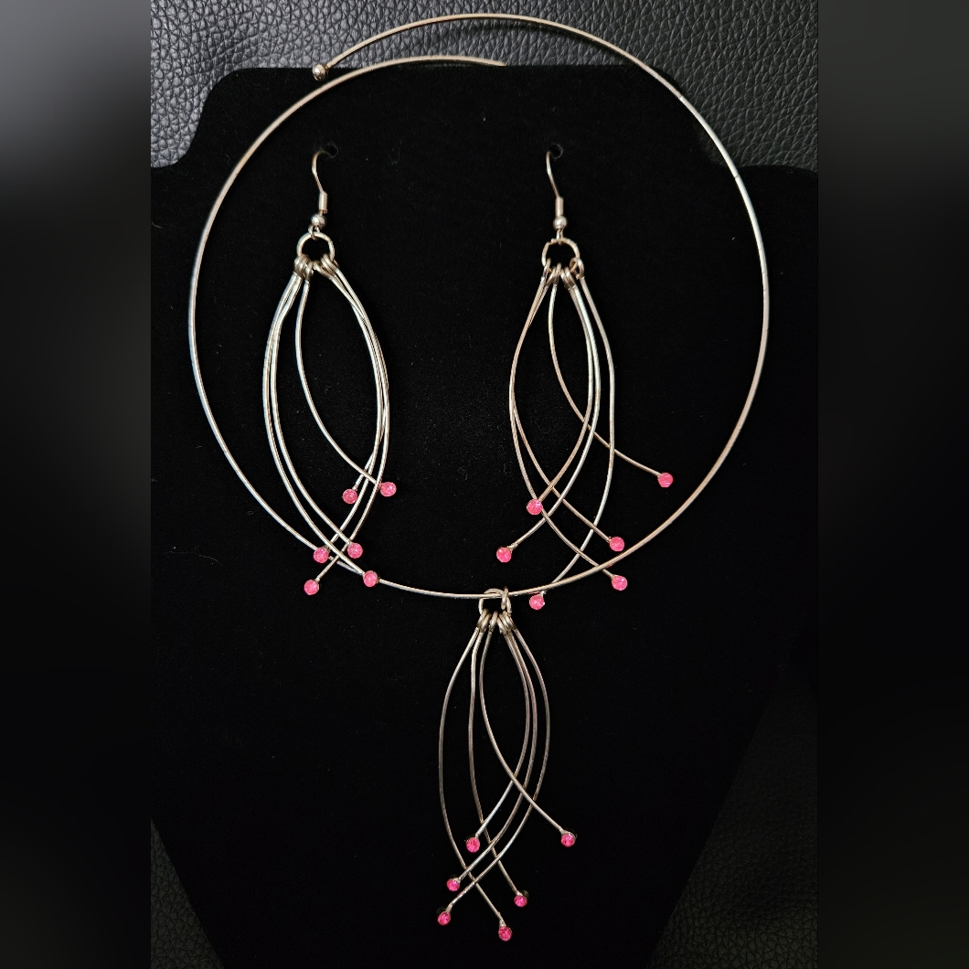 SilverTone Necklace And Earring Set With Pink Accent Beads